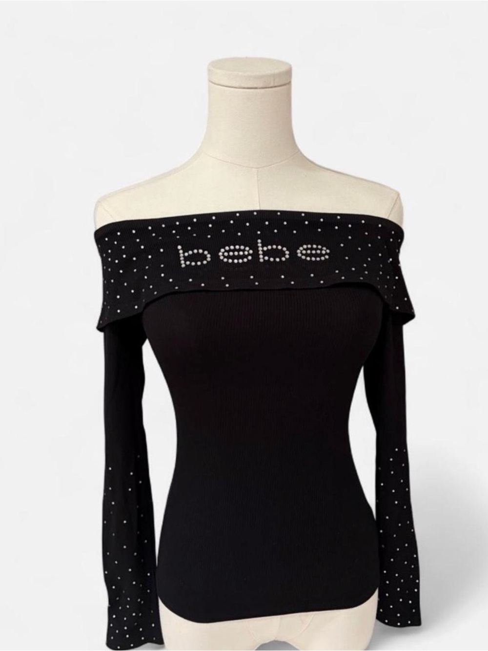 Vintage Bebe Black Rhinestone Off Shoulder Long Sleeve Top Y2K Glam